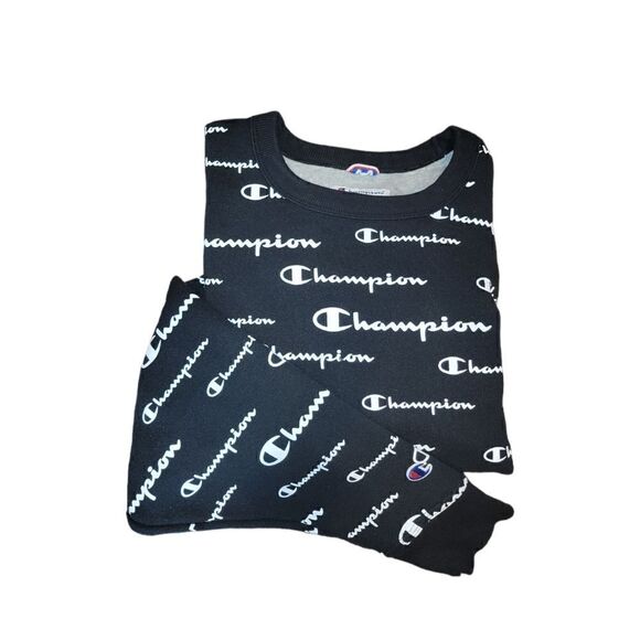 Champion Black White Men's Powerblend AOP Crewneck Logo Sweatshirt XL - Picture 2 of 13